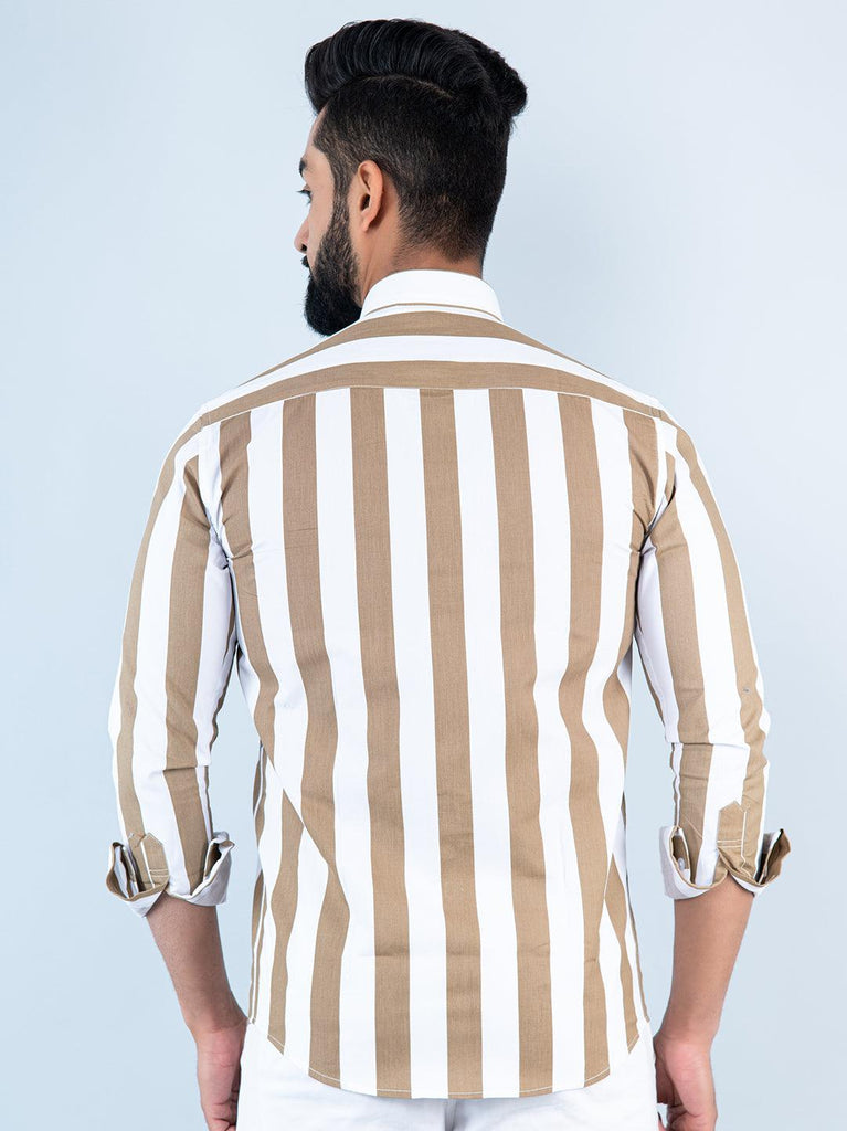 White and Beige Stripes Full Sleeves Cotton Shirt - Tistabene