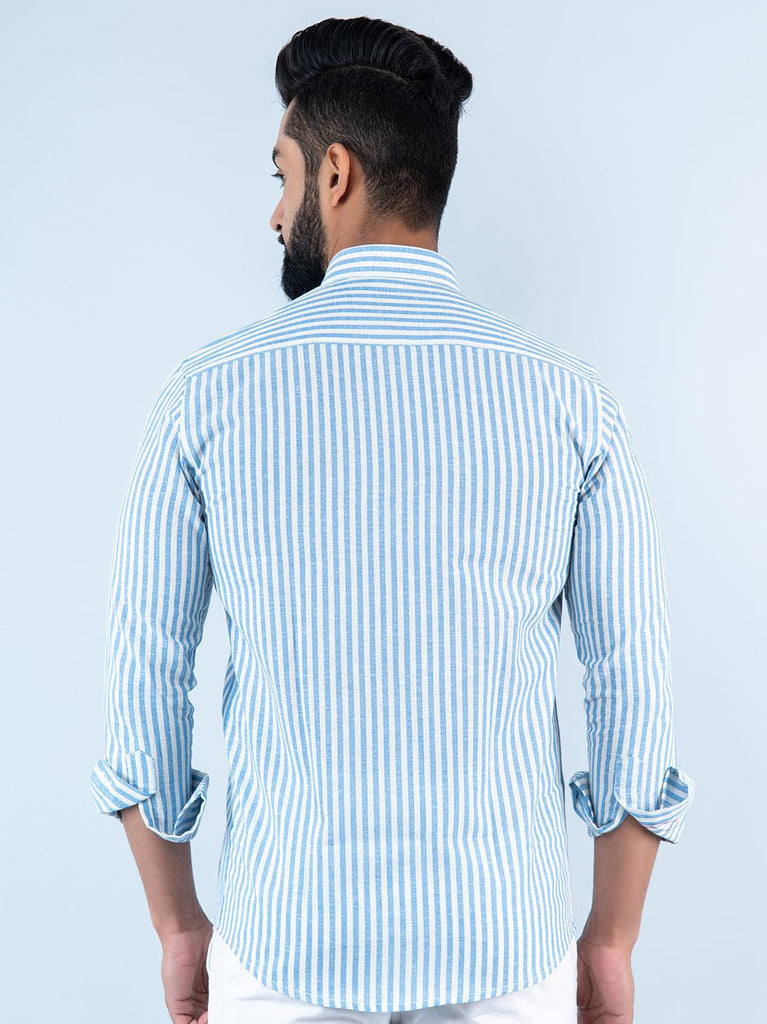 blue shirt with stripes