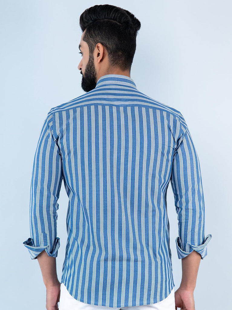 Dark Pastel Blue Stripes Full Sleeves Cotton Shirt - Tistabene