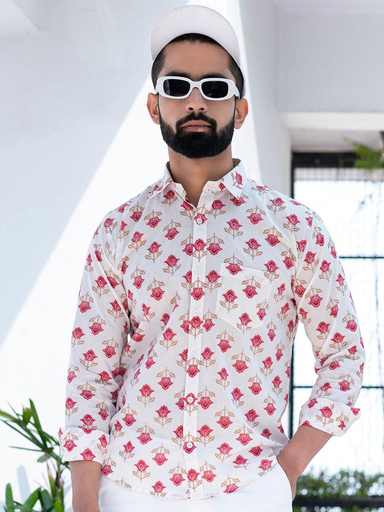 White Floral Printed Full Sleeves CottonShirt - Tistabene