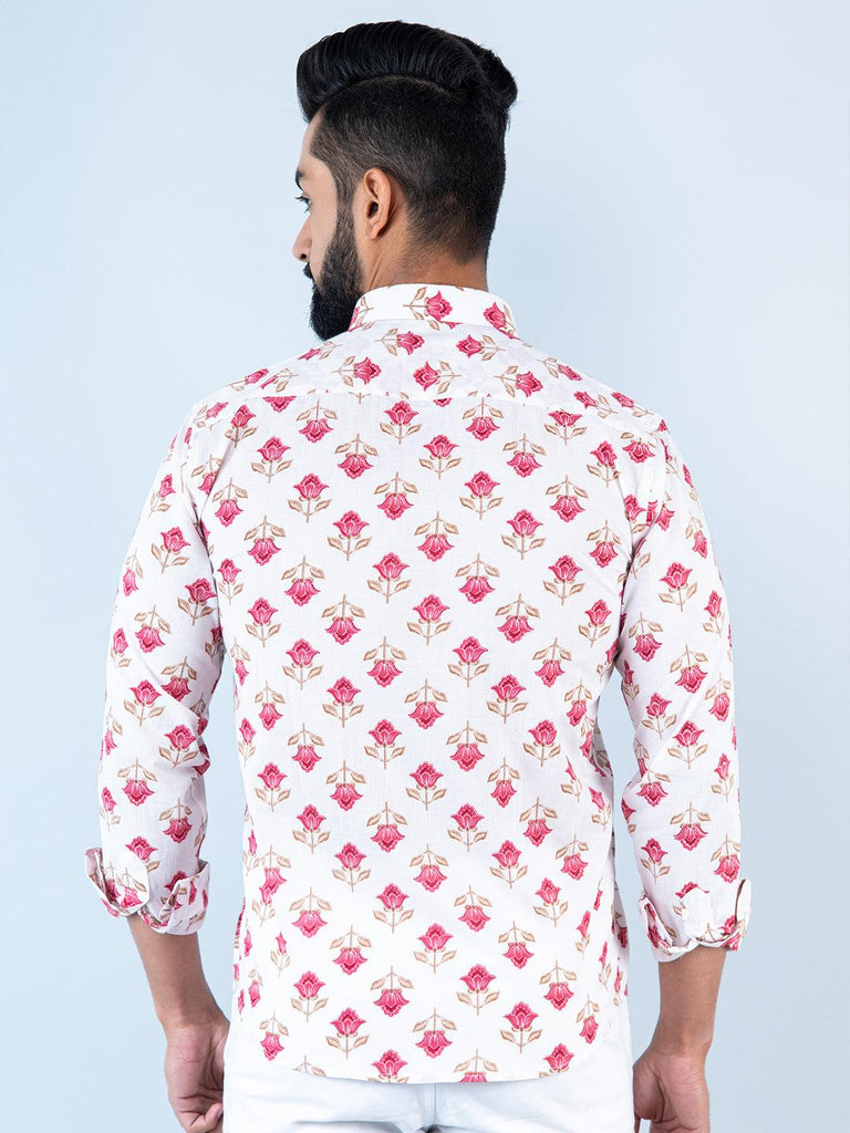 White Floral Printed Full Sleeves CottonShirt - Tistabene
