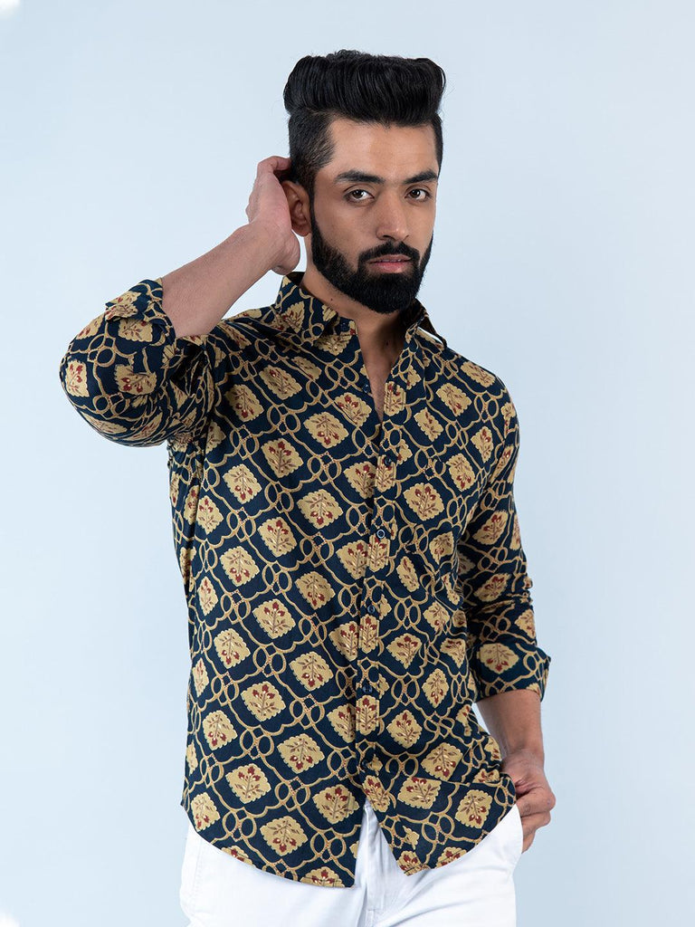 Navy Blue Floral Printed Full Sleeves Cotton Shirt - Tistabene