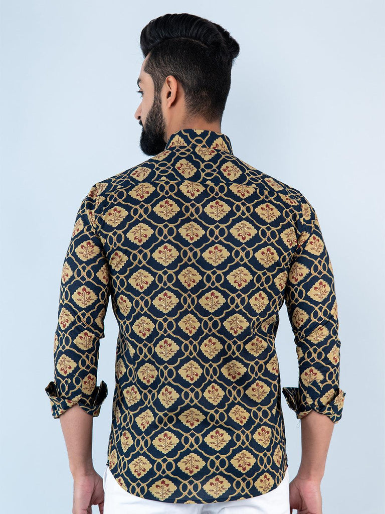 Navy Blue Floral Printed Full Sleeves Cotton Shirt - Tistabene