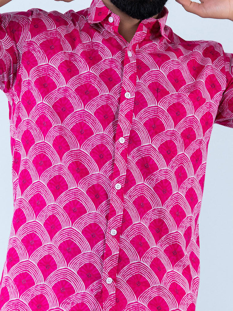 Pink Scallop Printed Half Sleeves Cotton Shirt - Tistabene