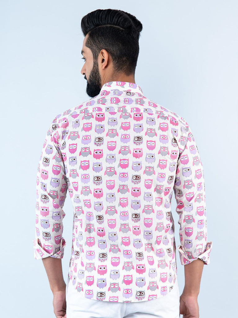 Pink and Purple Owl Printed Full Sleeves Cotton Shirt - Tistabene