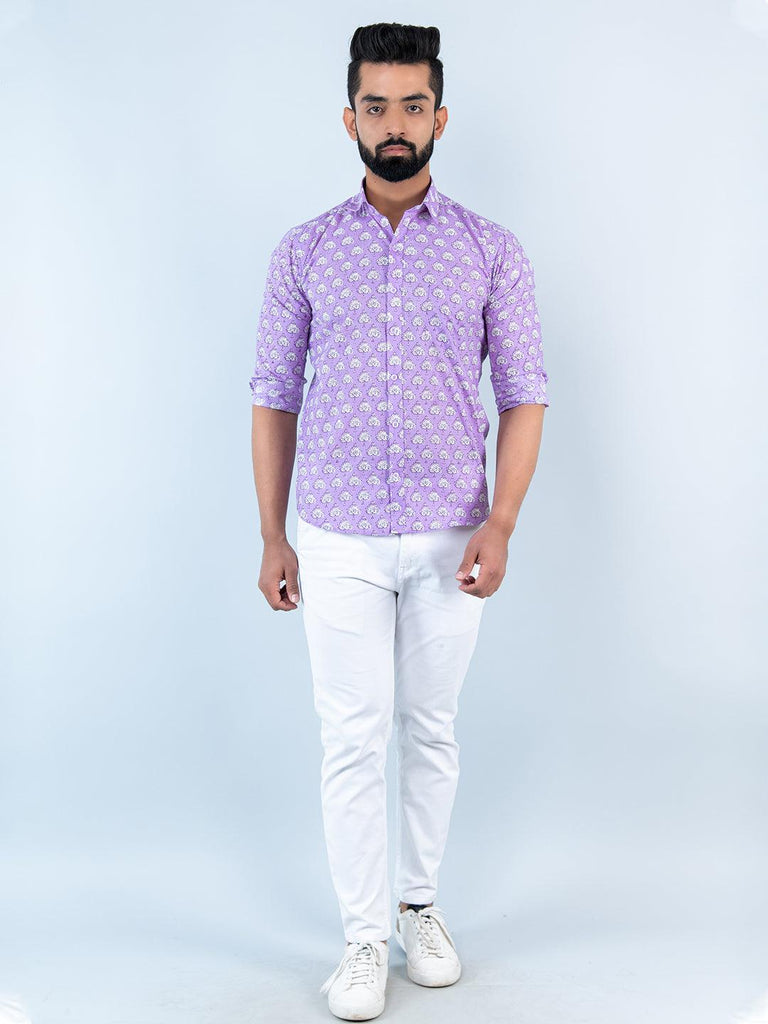 Lilac Floral Block Printed Full Sleeves Cotton Shirt - Tistabene