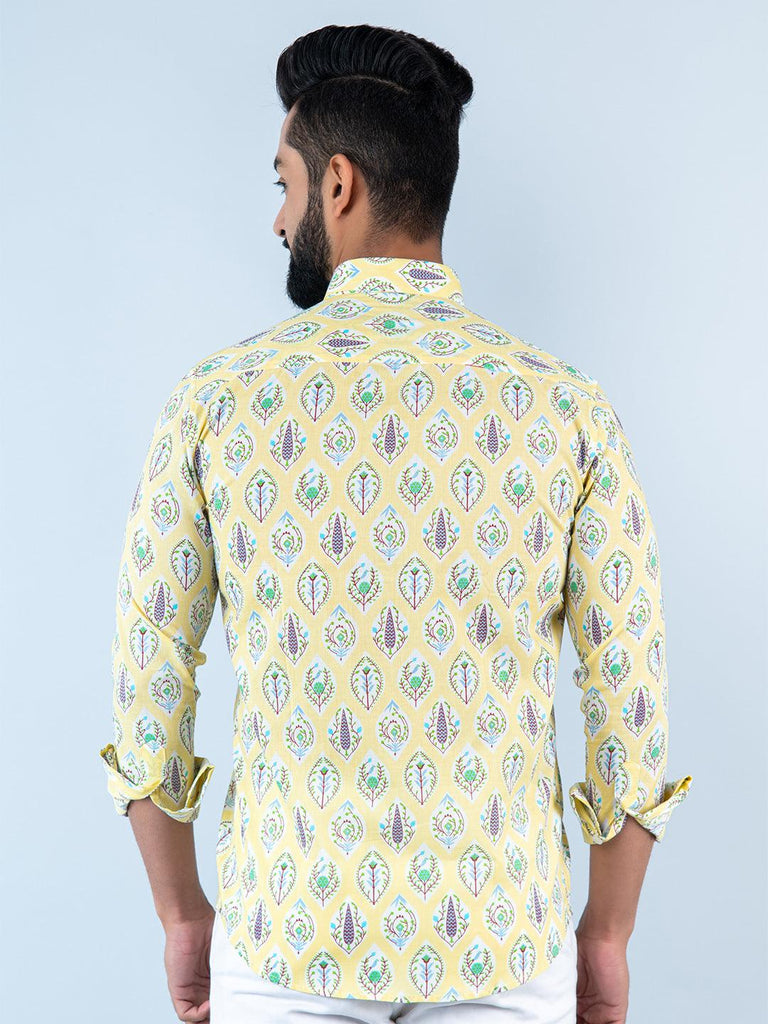 Pastel Yellow Floral Printed Full Sleeves Cotton Shirt - Tistabene