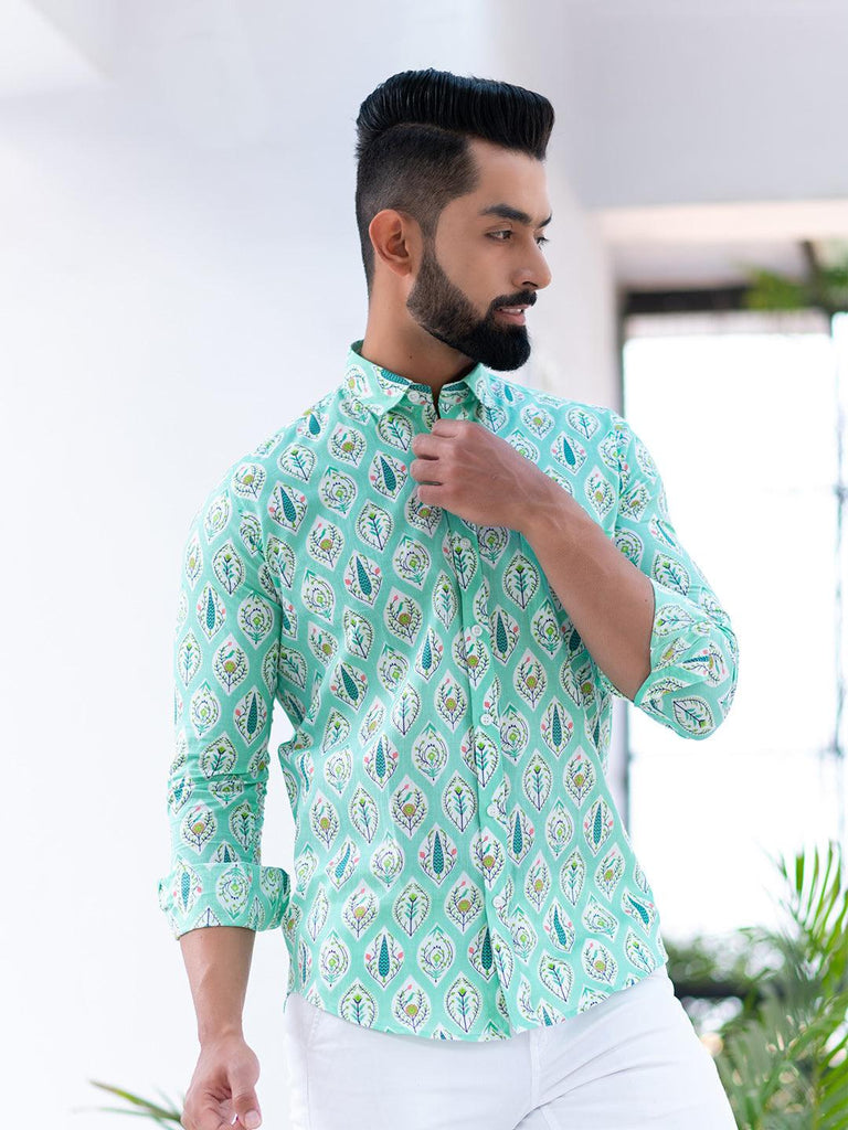 Pastel Green Floral Printed Full Sleeves Cotton Shirt - Tistabene