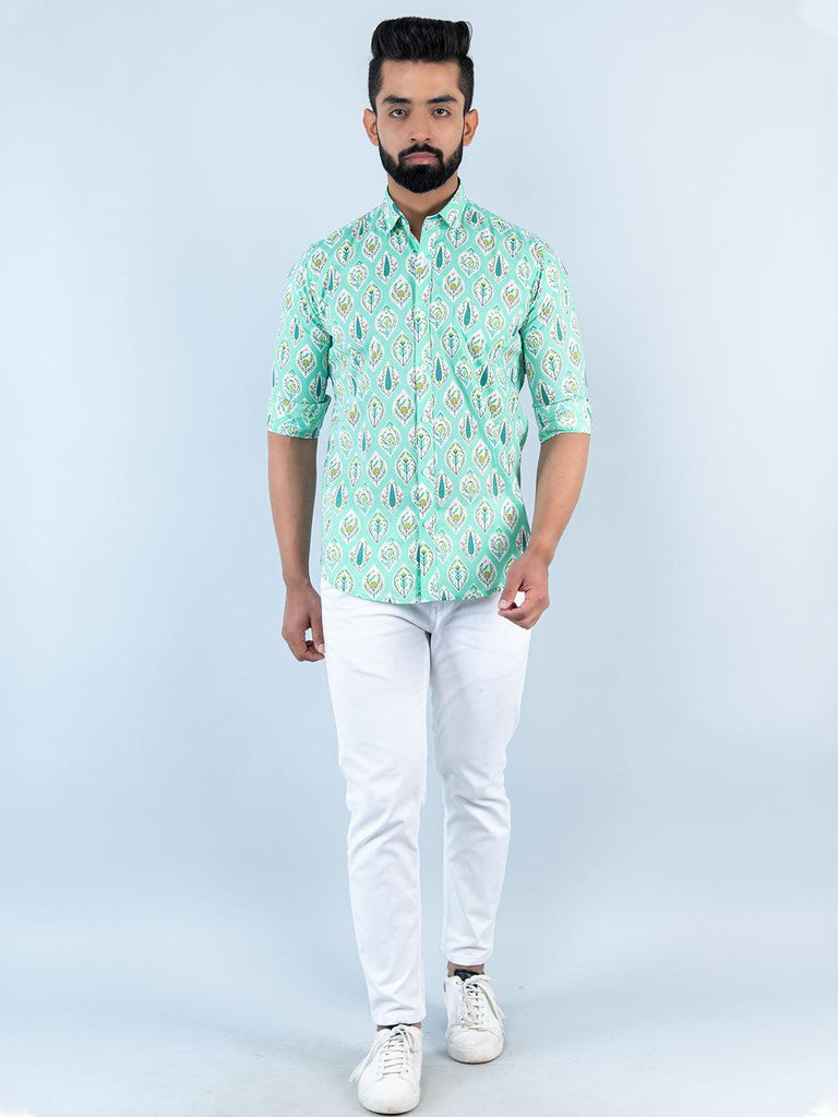 Pastel Green Floral Printed Full Sleeves Cotton Shirt - Tistabene