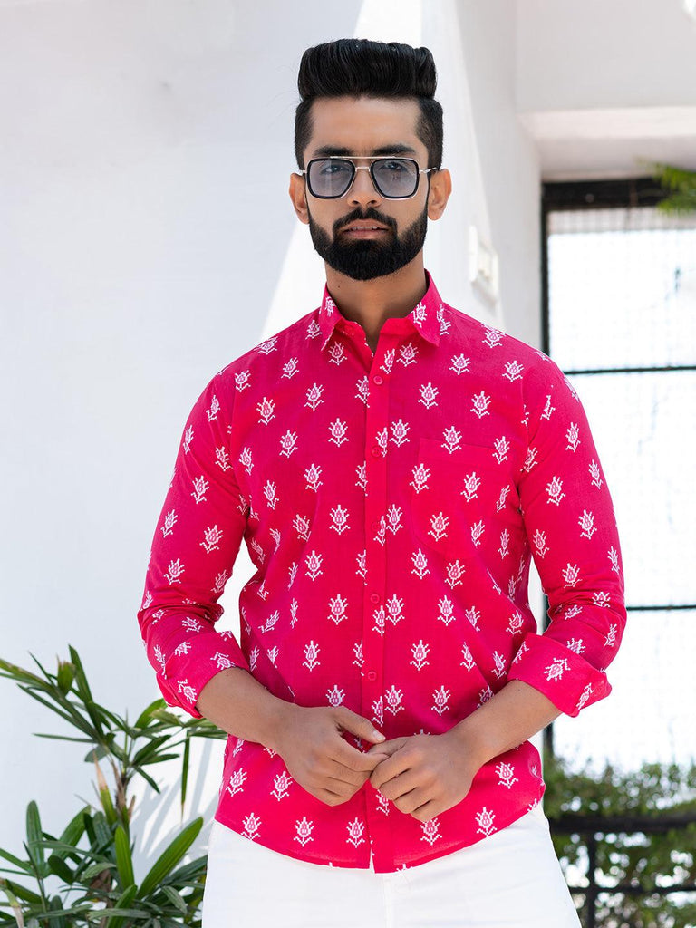 Pink Block Printed Full Sleeves Cotton Shirt - Tistabene