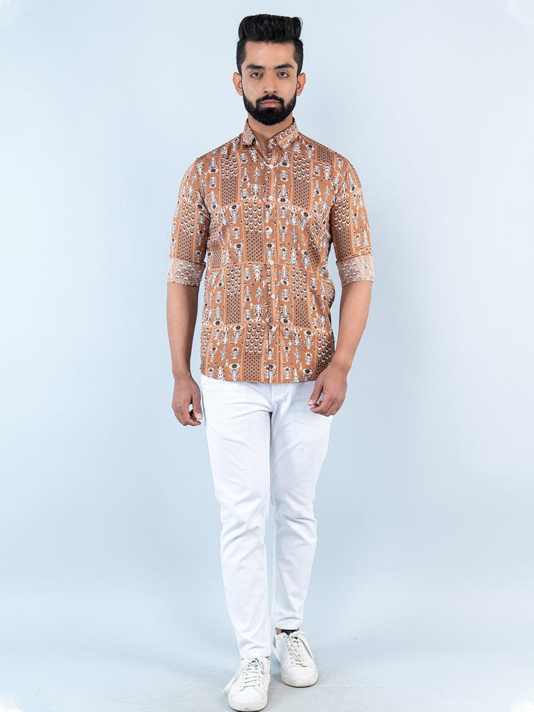Cocoa Mist Bandana Patchwork Printed Full Sleeves Crepe Shirt - Tistabene
