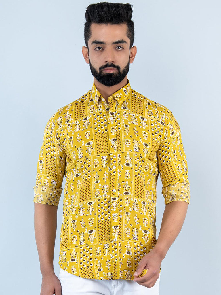 Yellow Bandana Patchwork Printed Full Sleeves Crepe Shirt - Tistabene