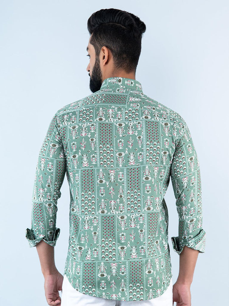 Sea Green Bandana Patchwork Printed Full Sleeves Crepe Shirt - Tistabene
