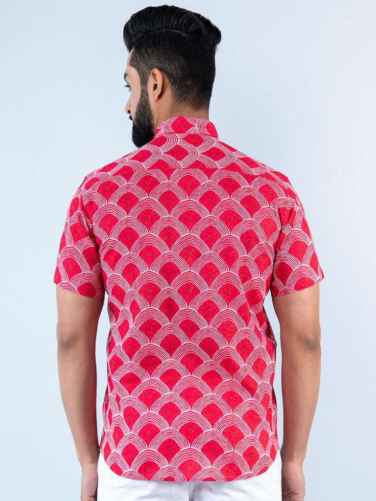 Red Scallop Printed Half Sleeves Cotton Shirt - Tistabene