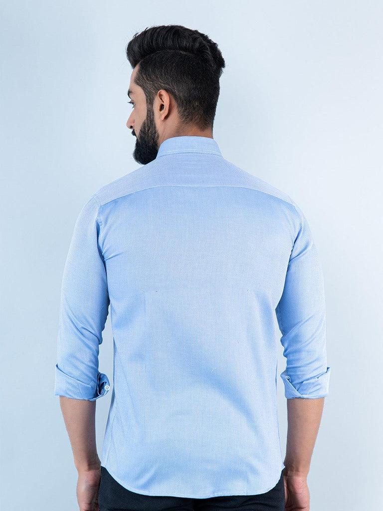 Sky Blue Self Weave Printed Full Sleeves Cotton Shirt - Tistabene