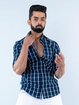 blue check shirt