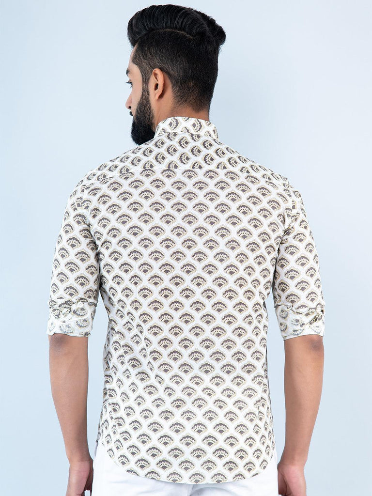 White Block Printed Full Sleeves Cotton Shirt - Tistabene
