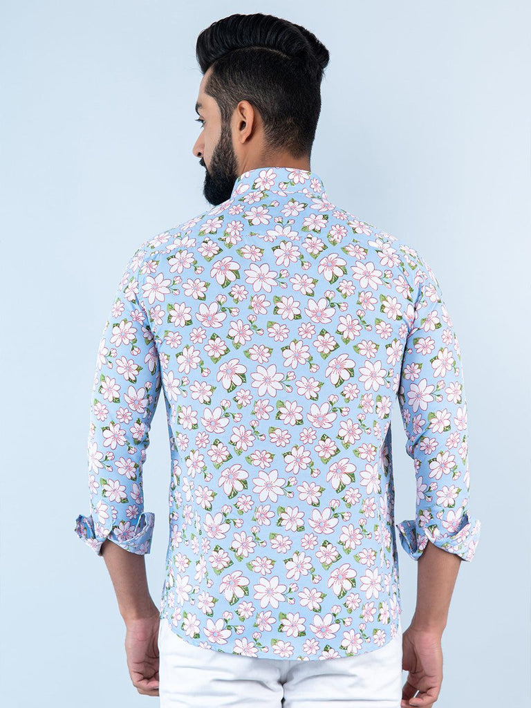 Sky Blue Floral Printed Full Sleeves Crepe Shirt - Tistabene