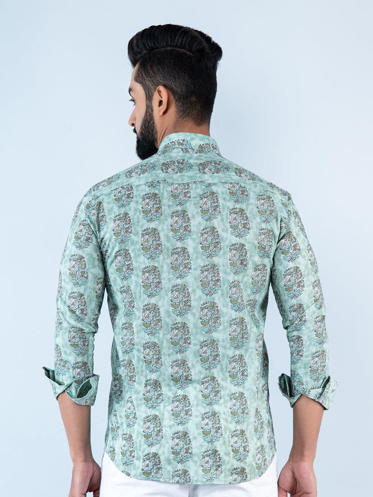 Laurel Green Floral Printed Full Sleeves Cotton Shirt - Tistabene