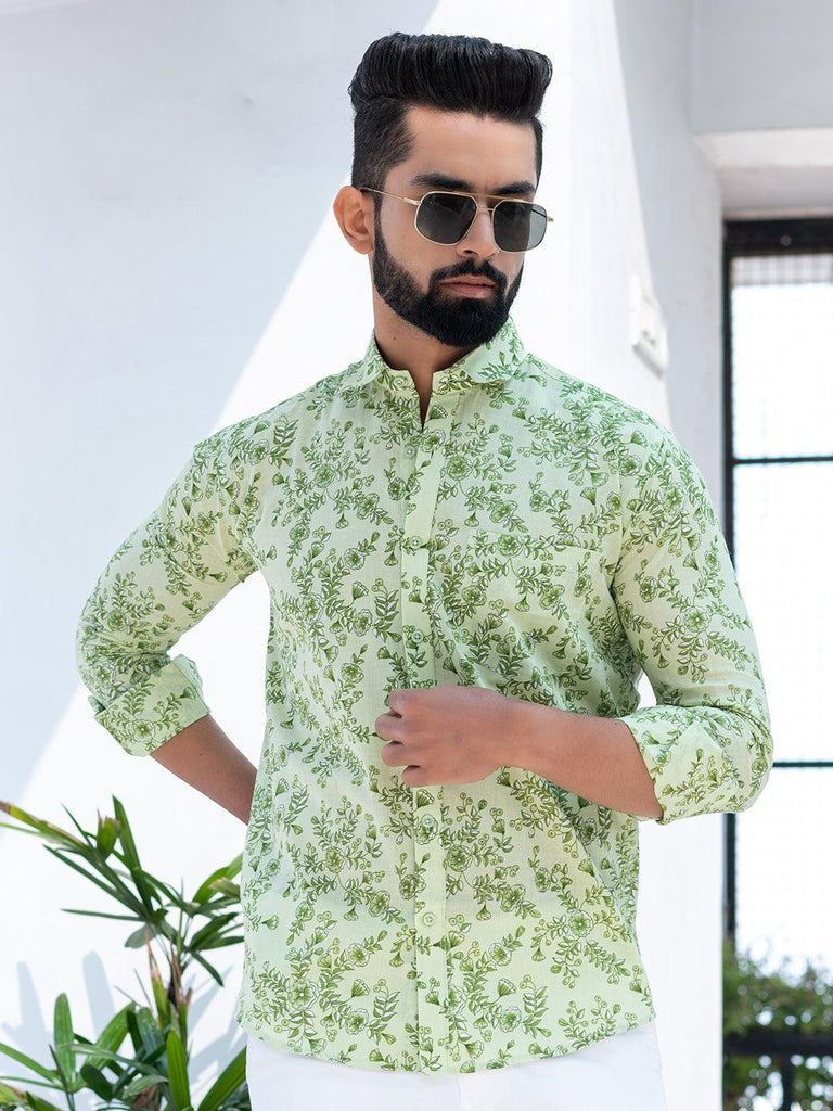 Tea Green Floral Printed Full Sleeves Cotton Shirt - Tistabene