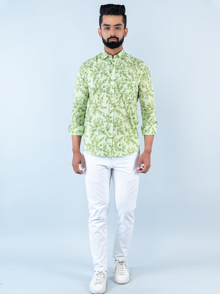Tea Green Floral Printed Full Sleeves Cotton Shirt - Tistabene