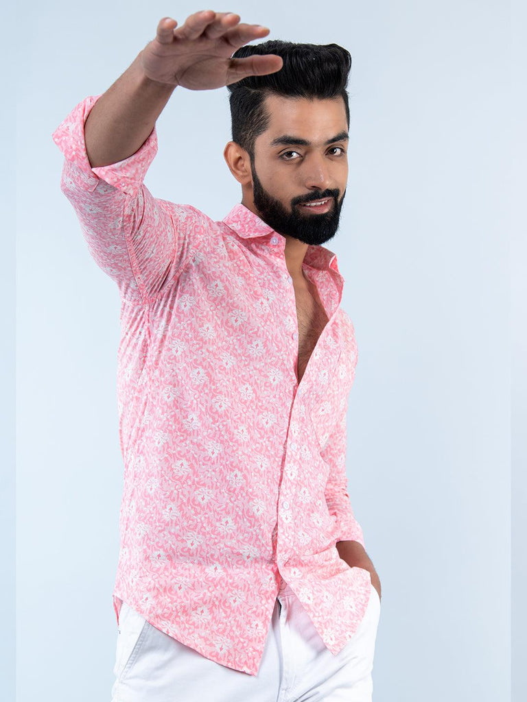 Pink Sanganeri Block Printed Full Sleeves Cotton Shirt - Tistabene