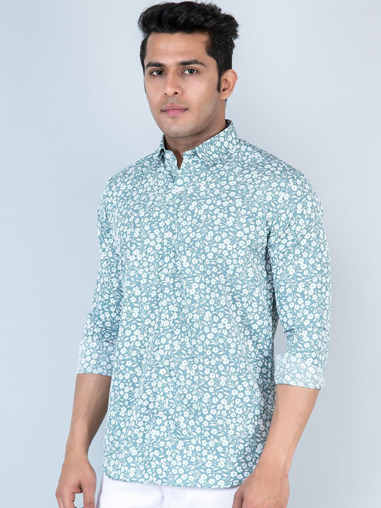 Aqua Marine Floral Printed Full Sleeves Crepe Shirt - Tistabene