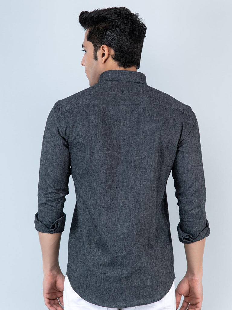 Dark Grey Self Weave Full Sleeves Wool Finish Shirt - Tistabene