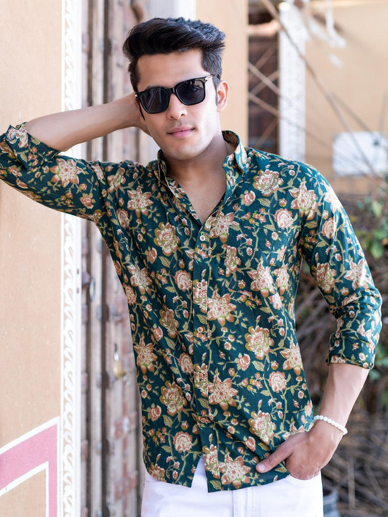 Green Floral Printed Full Sleeves Cotton Shirt - Tistabene