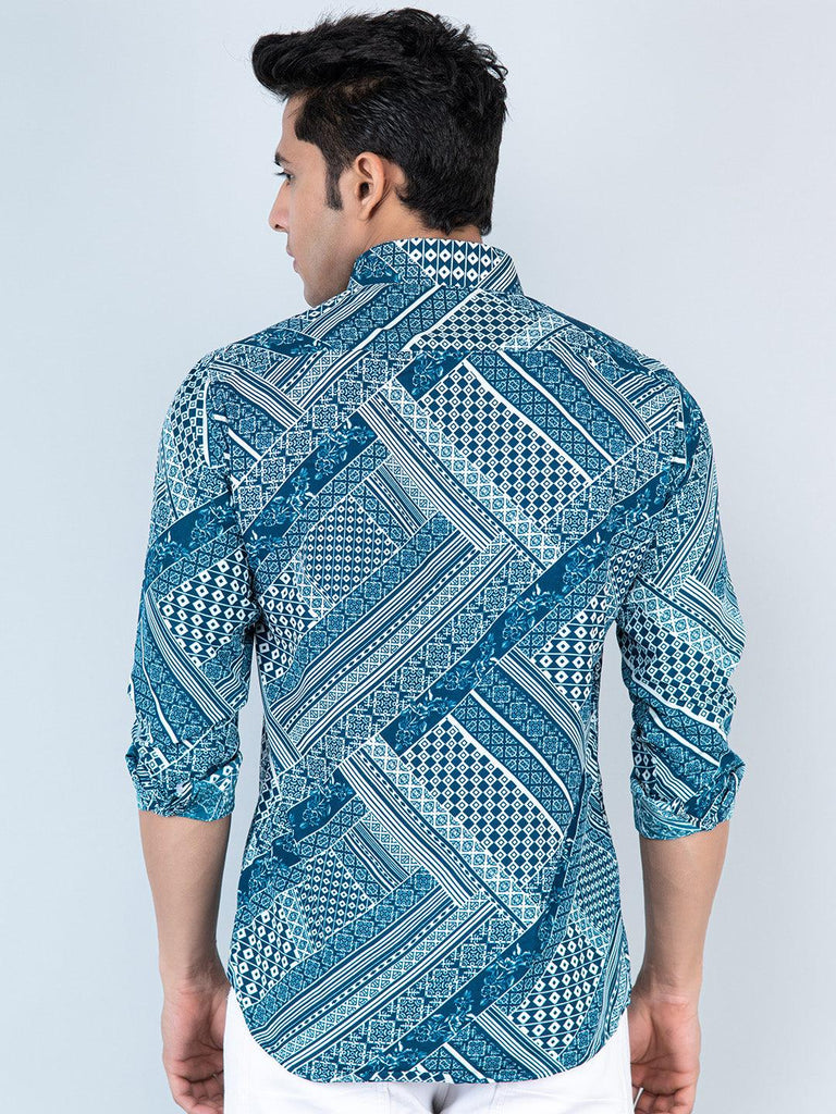 Teal Blue Patchwork Printed Full Sleeves Crepe Shirt - Tistabene