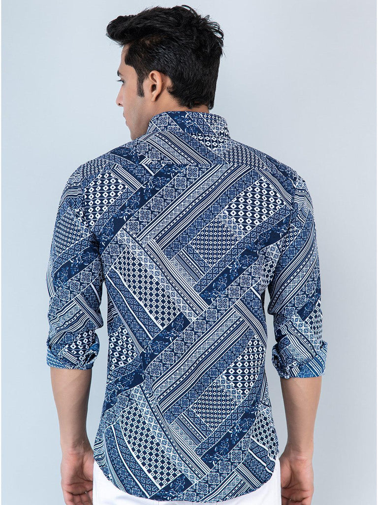 Blue Patchwork Printed Full Sleeves Crepe Shirt - Tistabene