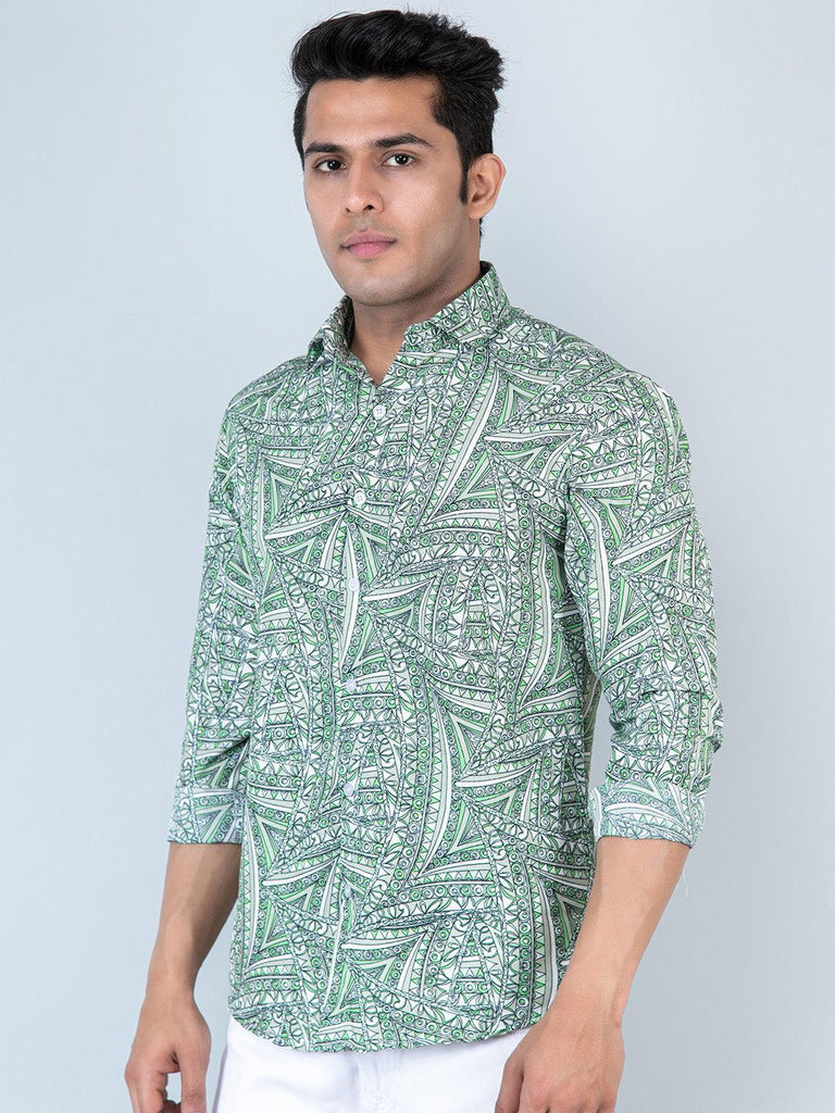 Green Polynesian Tribal Printed Full Sleeves Crepe Shirt - Tistabene
