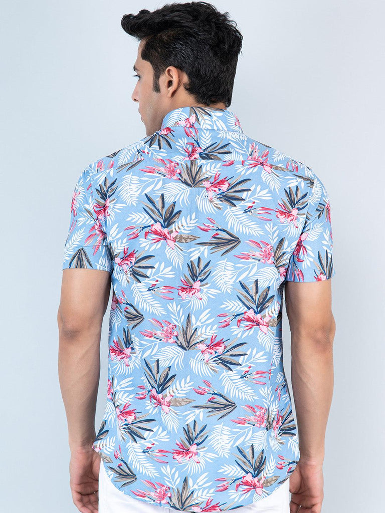 Sky Blue Tropical Printed Half Sleeves Crepe Shirt - Tistabene