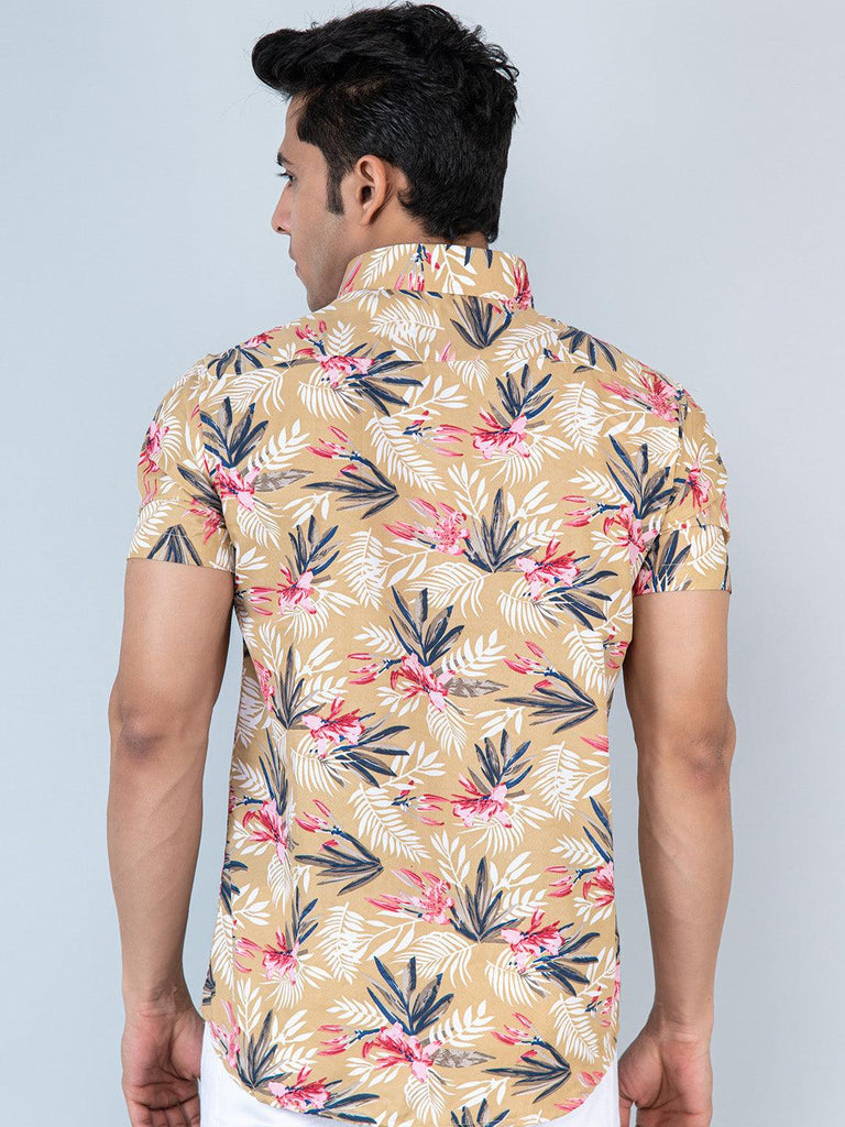 Beige Tropical Printed Half Sleeves Crepe Shirt - Tistabene
