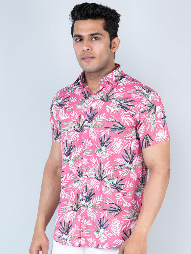 Pink Tropical Printed Half Sleeves Crepe Shirt - Tistabene