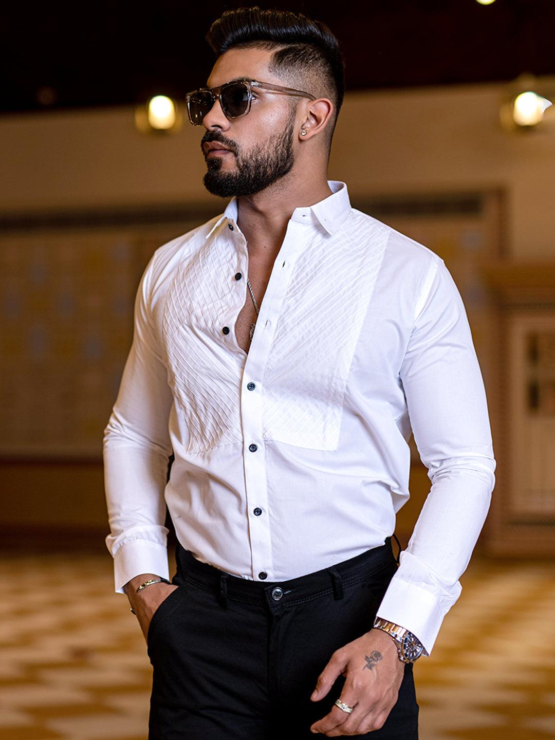 White Tuxedo Full Sleeves Cotton Shirt - Tistabene