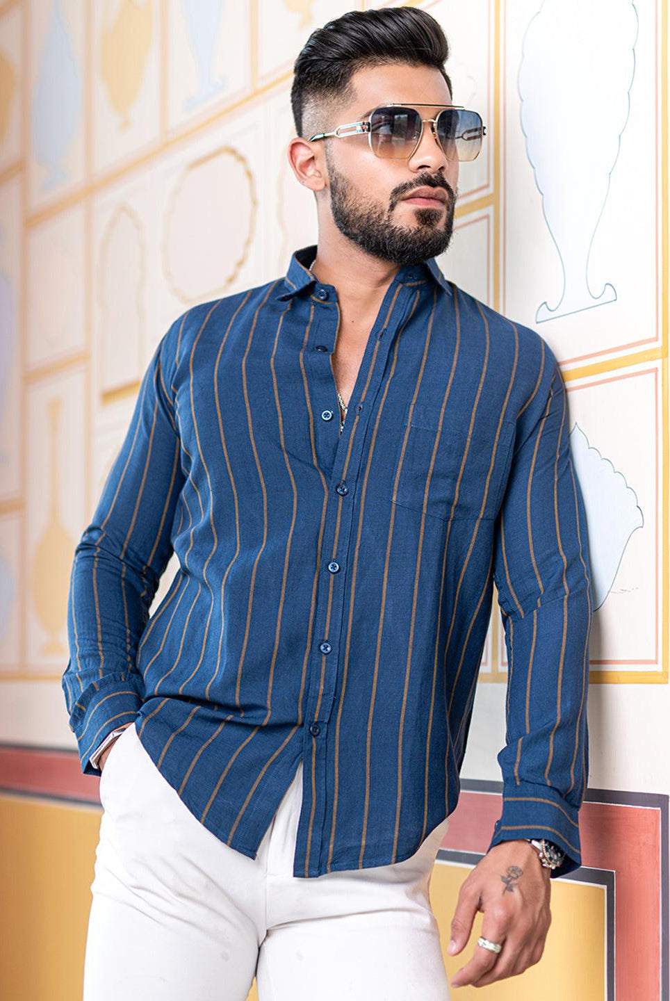 Blue Striped Full Sleeves Giza Cotton Shirt - Tistabene