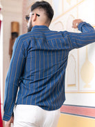Blue Striped Full Sleeves Giza Cotton Shirt - Tistabene