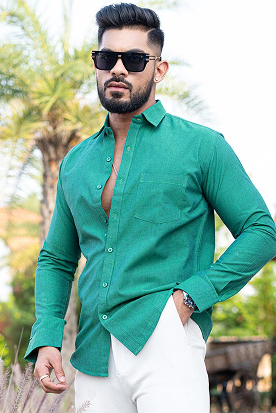 Green Self Weaved Full Sleeves Giza Cotton Shirt - Tistabene