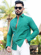 Green Self Weaved Full Sleeves Giza Cotton Shirt - Tistabene