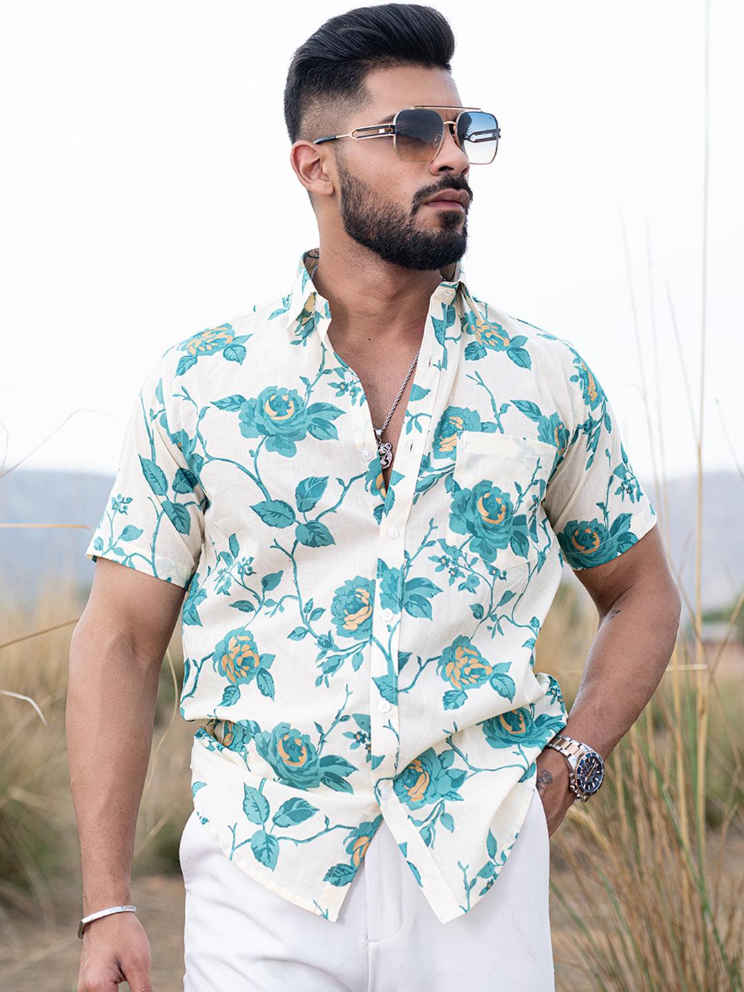 Men's Teal Comfort Floral Printed Cotton Casual Shirt