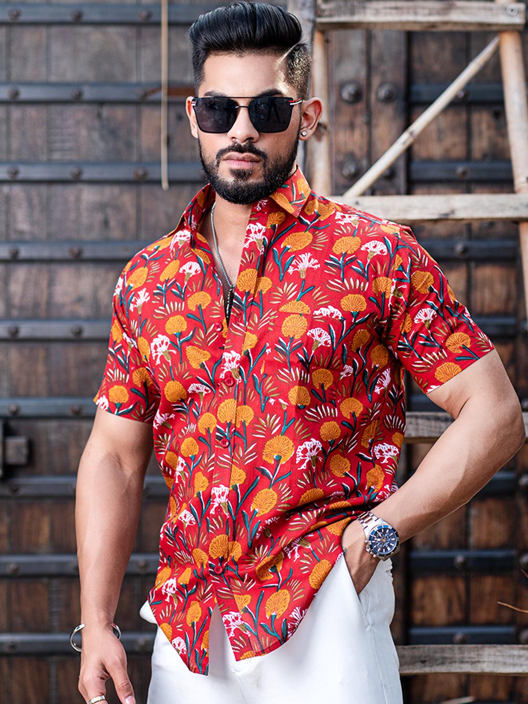 Red Floral Printed Half Sleeves Cotton Shirt