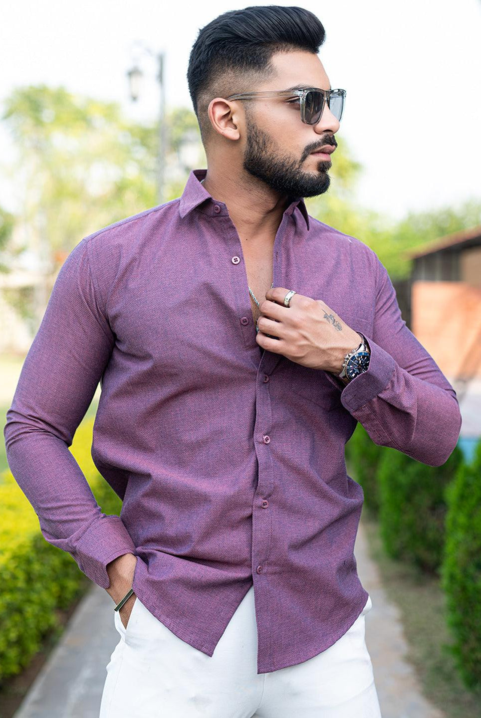 Purple Self Weaved Full Sleeves Giza Cotton Shirt - Tistabene