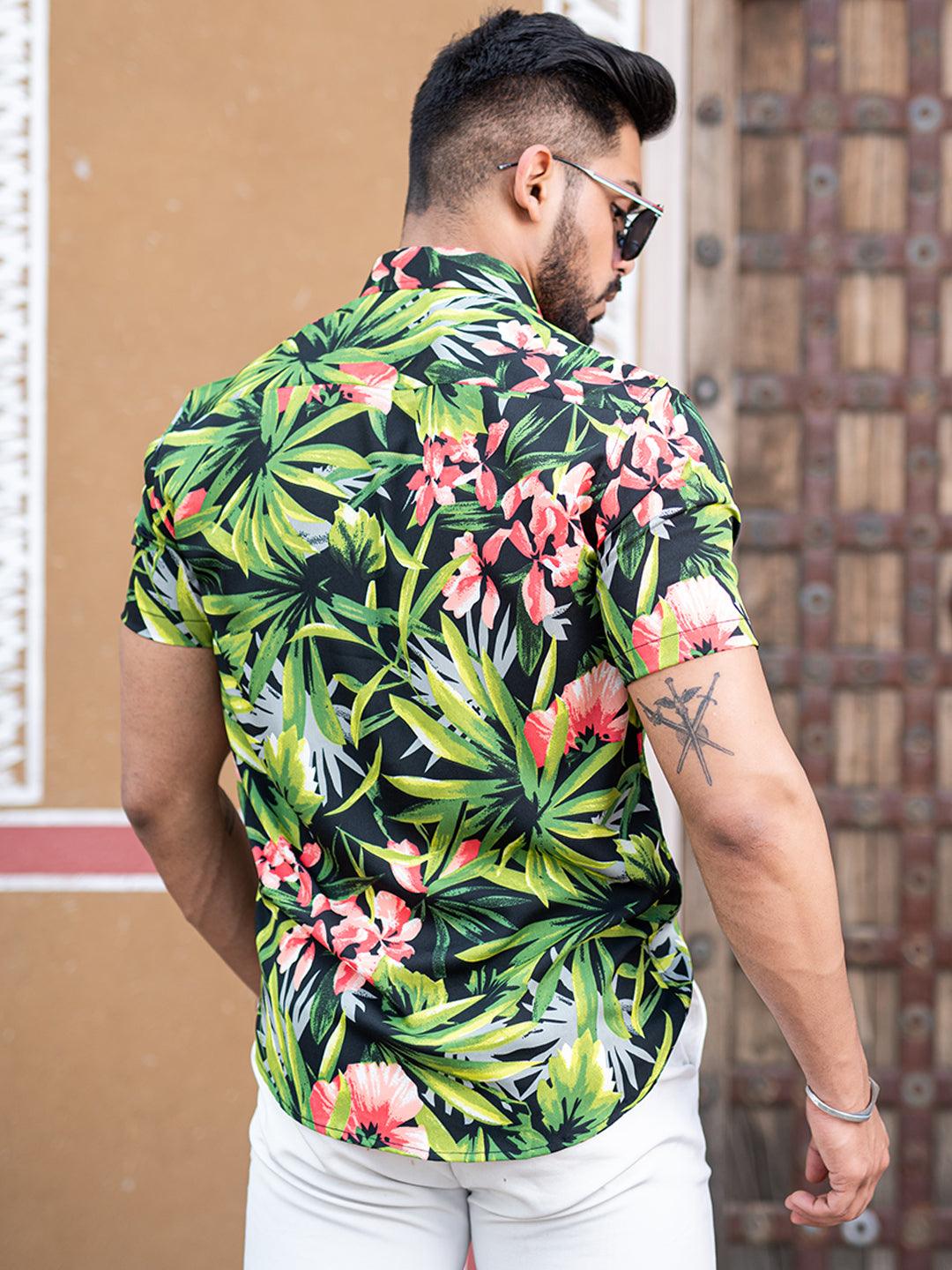 Black and Green Tropical Floral Printed Half Sleeves Crepe Shirt