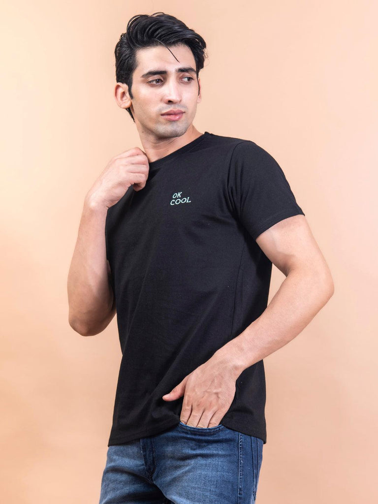 Black Ok Cool Embroidered Cotton T-shirt - Tistabene