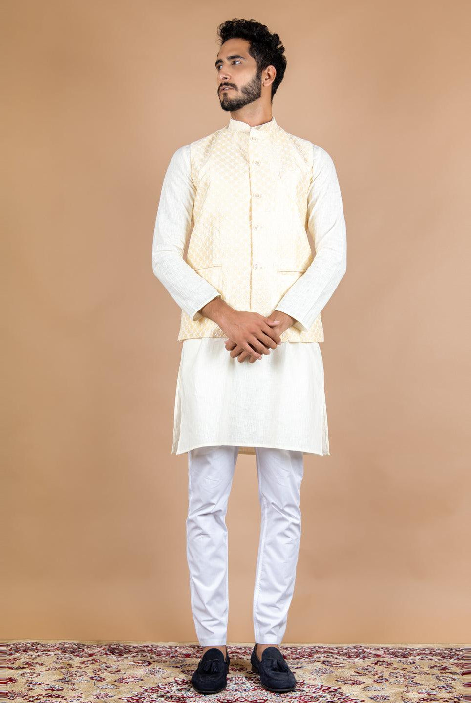 Light Yellow Chikankari Nehru Jacket - Tistabene