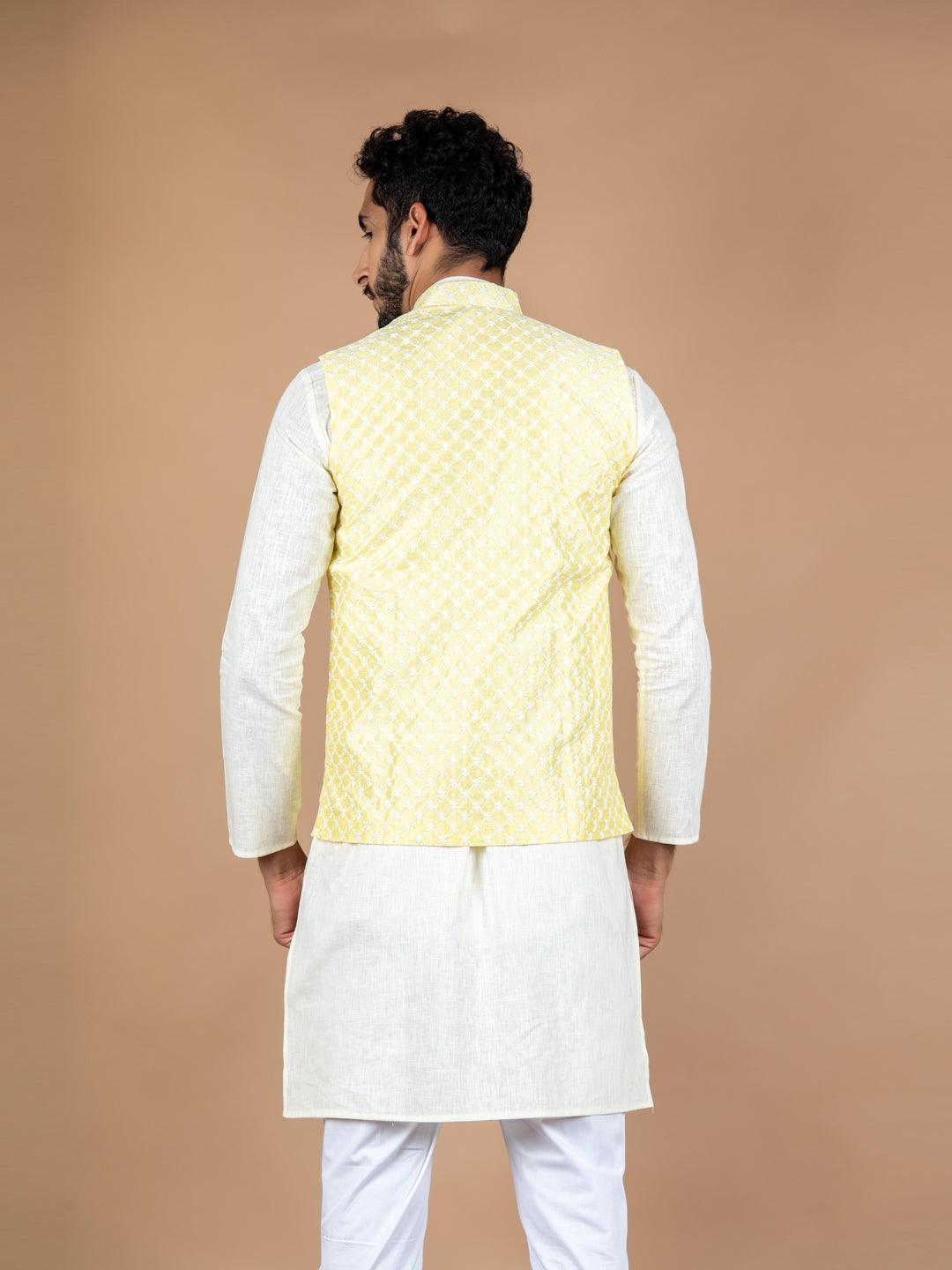 Yellow Chikankari Nehru Jacket - Tistabene