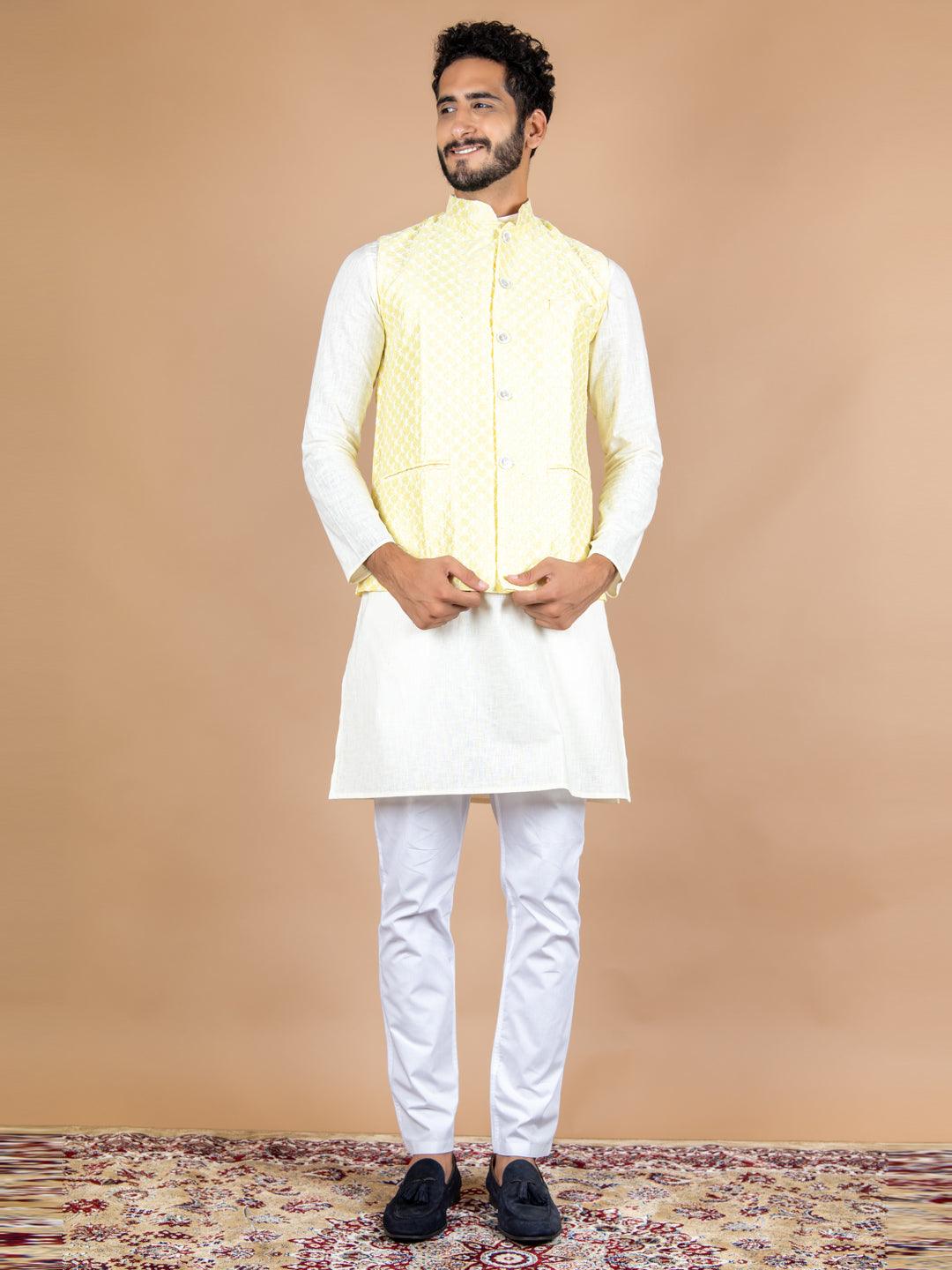 Yellow Chikankari Nehru Jacket - Tistabene