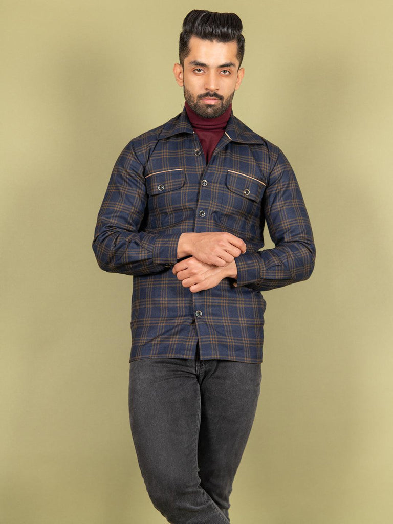 Navy Blue and Brown Flannel Shacket - Tistabene