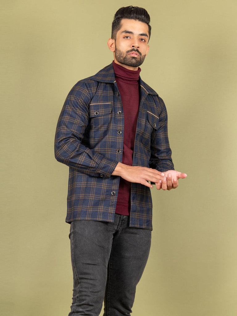 Navy Blue and Brown Flannel Shacket - Tistabene